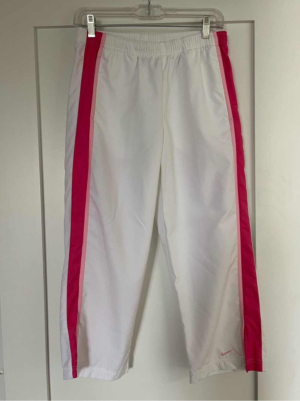 Nike White Crop Track Pants with Pink Side Stripes Size S